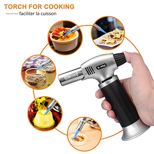 Sondiko Soplete De Cocina, Profesional Antorcha Butano Encendedor, Recargable Mini Culinario Soplete con Cerradura de Seguridad & Llama Ajustable para barbacóa Brulée Crema Cámping (Gas No Incluido)