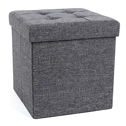 SONGMICS Taburete con Espacio de Almacenamiento, Cubo con Tapa, Cofre, Caja de Almacenamiento, Plegable, Carga Estática Máx. 300 kg, 40 L, 38 x 38 x 38 cm, Imitación Lino, Gris Oscuro LSF27Z