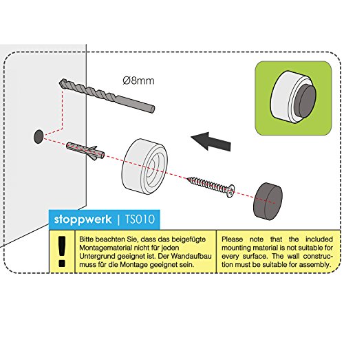 Stoppwerk Topes para puertas de acero inoxidable con goma TS010 - Material de instalación para pared incluido - Tope puerta