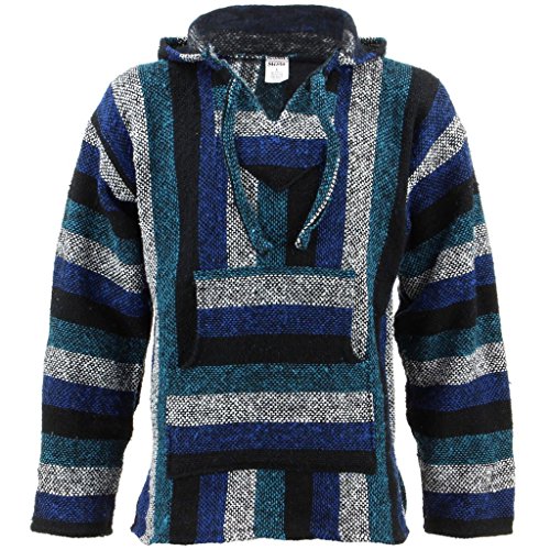 Sudadera con capucha mexicana Baja Jerga, estilo surf hippy, color azul frío