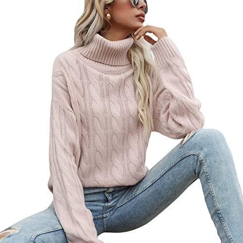 Suéter Mujer Invierno Cuello Alto Jersey Acanalado de Punto en Otoño Pull-Over cálido con Manga Larga Top Rosado Holgado Gruesas Elegante para Mujer (Rosado, S)