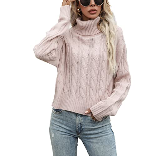 Suéter Mujer Invierno Cuello Alto Jersey Acanalado de Punto en Otoño Pull-Over cálido con Manga Larga Top Rosado Holgado Gruesas Elegante para Mujer (Rosado, S)