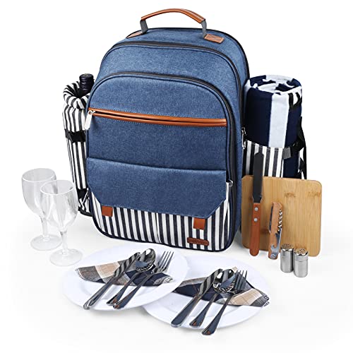 Sunflora - Mochila de picnic aislada para 2 personas con compartimento más fresco, bolsa para vino, manta y juego de cubiertos de acero inoxidable para parejas, amantes y amigos (azul y raya)