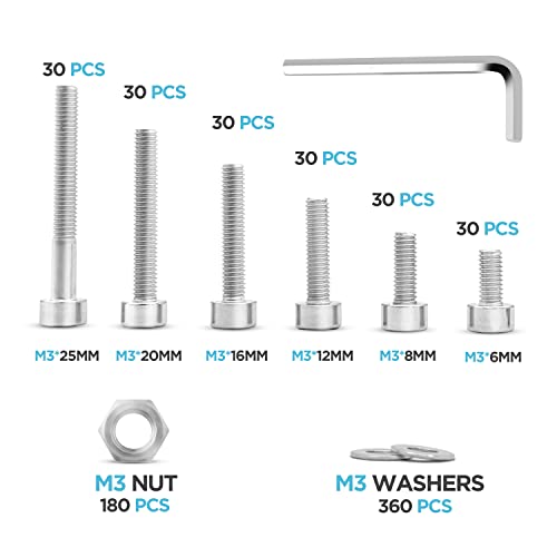 Surtido de tornillos allen con cabeza cilíndrica, tuercas hexagonales y arandelas planas. Kit tornillería de acero inoxidable de 720 piezas. Métrico M3. Longitudes desde 6 mm hasta 25 mm.