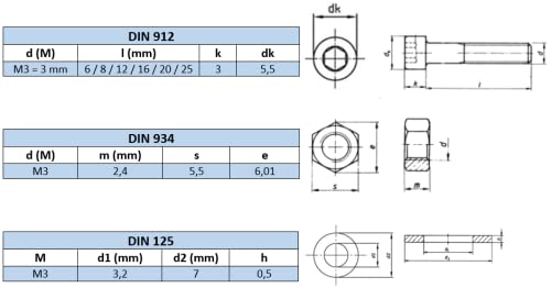 Surtido de tornillos allen con cabeza cilíndrica, tuercas hexagonales y arandelas planas. Kit tornillería de acero inoxidable de 720 piezas. Métrico M3. Longitudes desde 6 mm hasta 25 mm.