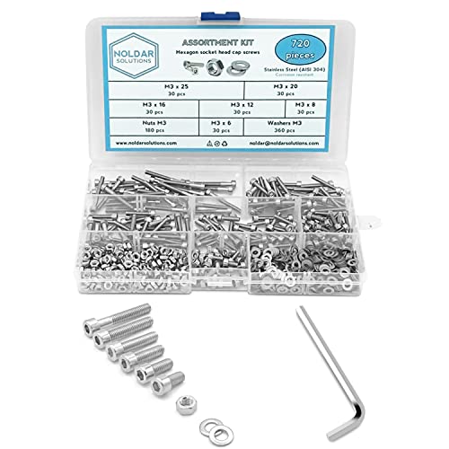 Surtido de tornillos allen con cabeza cilíndrica, tuercas hexagonales y arandelas planas. Kit tornillería de acero inoxidable de 720 piezas. Métrico M3. Longitudes desde 6 mm hasta 25 mm.