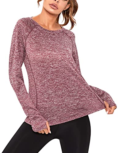 Sykooria Camiseta Deportiva Mujer de Manga Larga Sin Costuras Sudaderas Fitness Transpirable Suave Ropa Deportiva para Mujer-Vino tinto1-XL