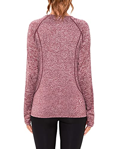 Sykooria Camiseta Deportiva Mujer de Manga Larga Sin Costuras Sudaderas Fitness Transpirable Suave Ropa Deportiva para Mujer-Vino tinto1-XL