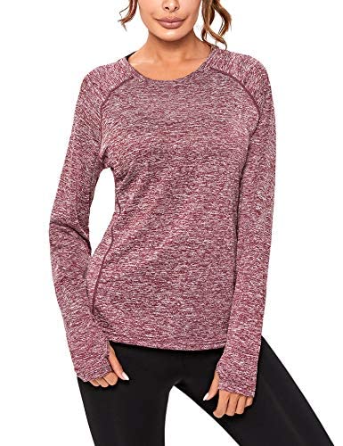 Sykooria Camiseta Deportiva Mujer de Manga Larga Sin Costuras Sudaderas Fitness Transpirable Suave Ropa Deportiva para Mujer-Vino tinto1-XL