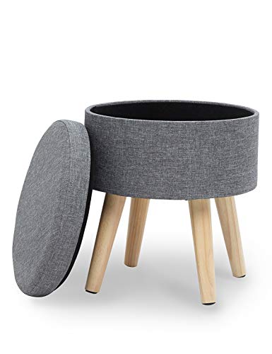 Taburete Redondo Puff Caja de Almacenamiento Asiento Extraíble Asiento de Lino con Tapa Patas Madera Maciza para Dormitorio Salón Pasillo Gris