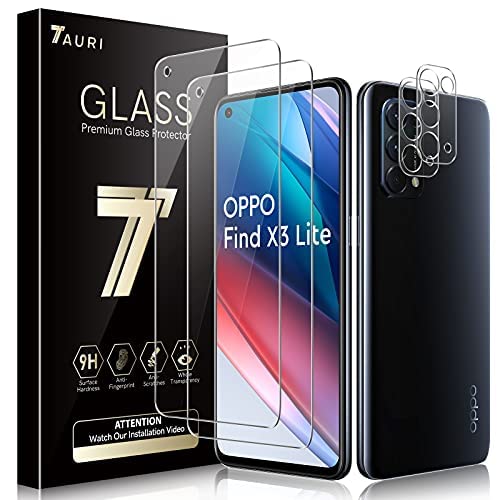 TAURI 4 Pack Protector Pantalla OPPO Find x3 Lite con 2 Pack Protector Pantalla Cristal Templado y 2 Pack Protector de Lente de Cámara - Sin Burbujas Dureza 9H Doble Protección Kit Fácil instalación