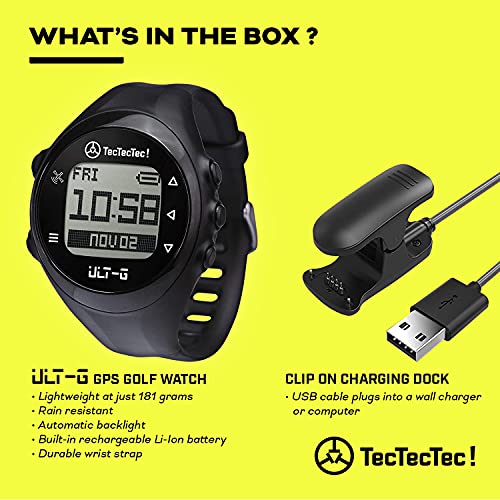 TecTecTec ULT-G - Reloj de golf con GPS con campos mundiales precargados, ligero, sencillo y fácil de usar