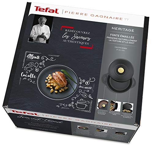 Tefal Heritage Cacerola 21 cm, Hierro Fundido, 3,3 litros, Tapa potenciadora de condensación, retención del Calor, Fuego Lento, guisos, caramelización, Apto para Todo Tipo de cocinas, Cast Iron, Black