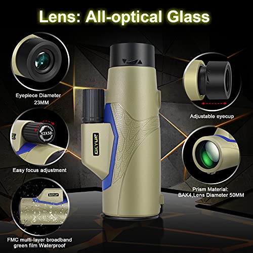 Telescopio Monocular, OKYUK Monoculares BAK4 12X50 de Alta Definición Lente FMC Impermeable Antivaho, con Soporte para Smartphone y trípode para Observación de Pájaros Caza Camping Viajes Conciertos