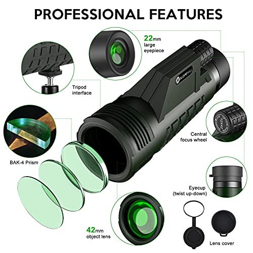 Telescopio Monocular,slopehill 12x42 HD monoculares de Largo Alcance Impermeable y Antivaho Monoculo Telescopio portatil con Soporte y Clip para Observación de Aves Caza Conciertos Viaje