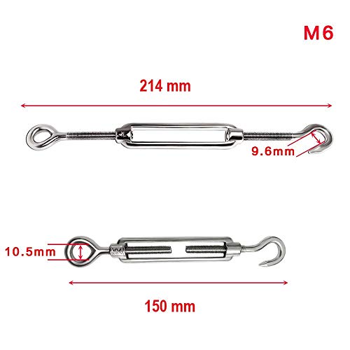 Tensor M6 (gancho y anilla), tensor de cable, cuerda, de alta resistencia, de acero inoxidable 304, 6 unidades