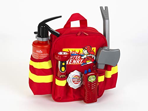 Theo Klein 8900 Mochila de bomberos Fire Fighter Henry - Con linterna a pilas, extintor y mucho más - Mochila con correas ajustables - Para niños a partir de 3 años