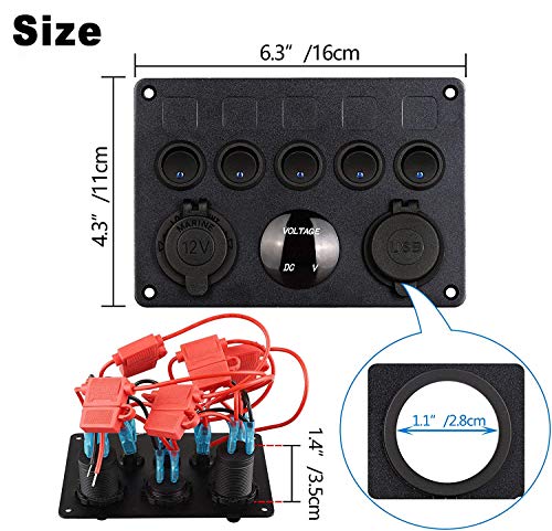 Thlevel Marina Panel de Interruptors con 5pcs Interruptor Basculante, Cargador Dual USB, Voltímetro LED Digital y Encendedor de Cigarrillos, para 12V / 24V Coche, Barco, Marina, Camiones, Campista