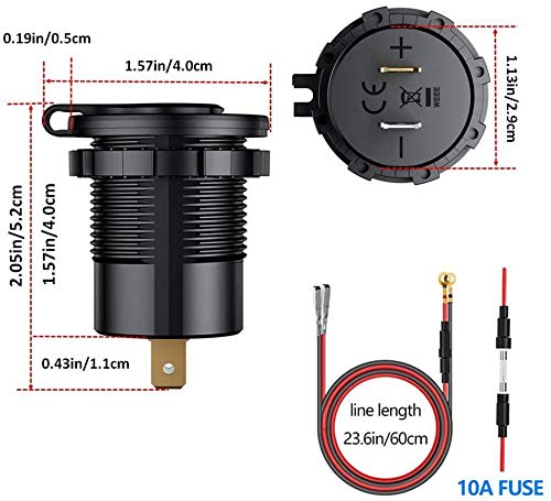 Thlevel QC3.0 Toma USB Coche de Aluminio 12V / 24V Cargador Rápido de Coche Dual USB Impermeable con Interruptor y Voltímetro LED Indicador para Coches, Motos, RV, Camiones, Barcos (Negro)