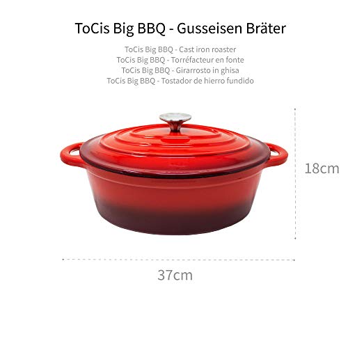 ToCi cacerola esmaltada de hierro fundido con tapa 28 cm, 4 litros, Cacerola y asador esmaltado para cocina de inducción, color: rojo