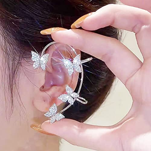 TOFBS Shiny Zircon Butterfly Ear Clips,Around Ear Butterfly Earrings,Vintage Ear Cuff Earrings Wrap Around,Dangle Ear Cuff Earrings Without Pierced Earrings for Women Girls (Plata)