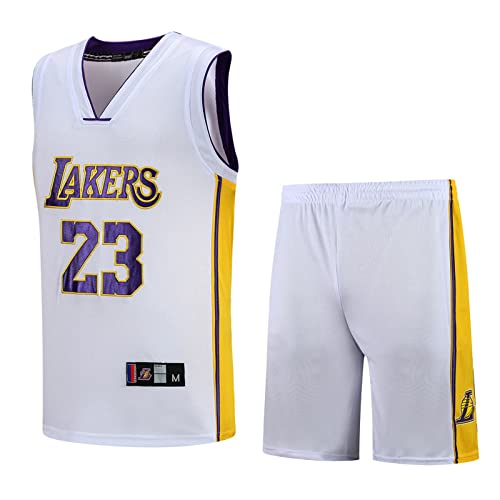 Traje de camiseta de baloncesto deportivo, uniformes de baloncesto Lakers, camiseta y pantalones cortos de entrenamiento, James # 23, malla bordada transpirable, camisetas clásicas unisex,White-S