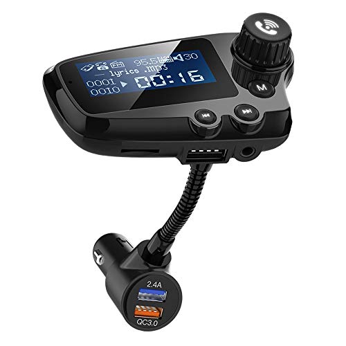 Transmisor FM Bluetooth, Bluetooth 5.0 Adaptador de Radio Inalámbrico con Pantalla de 1.74", Puerto de Carga Dual QC3.0 y 5V/2.4A, Manos Libres para Coche con Sonido de Agudos y Graves