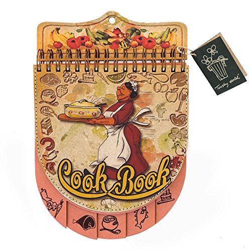 Trashy World - Cuaderno para escribir recetas de cocina .30x20 cm. 60 páginas. Cartón reciclado grueso. Colgador de pared.5 grupos de alimentos. Libreta con bonito estilo vintage