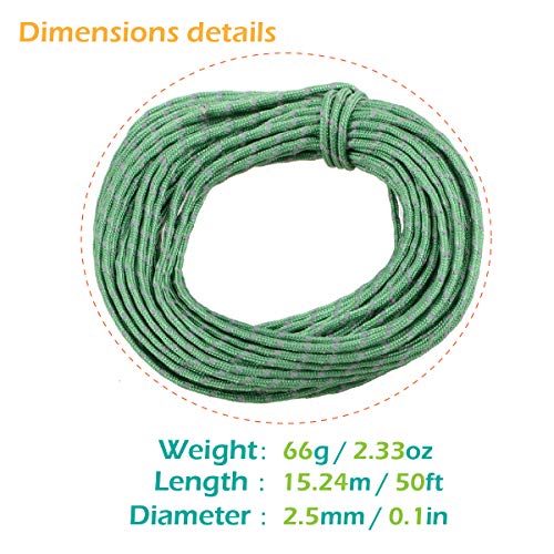 TRIWONDER Cuerda Reflective 15.24m, 2.5mm Nylon Cable Paracord Guyline Rope para Tienda de Campaña Lona Refugio al Aire Libre (Fluorescencia Verde - 2 Pcs)