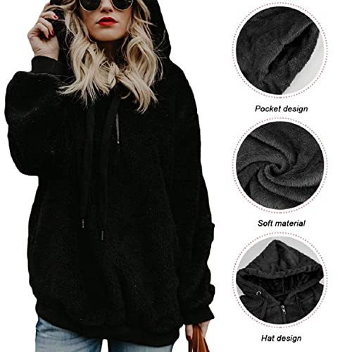 Tuopuda Sudadera Mujer con Capucha Hoodie Caliente y Esponjoso para Otoño Invierno Talla Grande Tops con Cremallera Pullover Suelto Mujer Sudadera Borreguito Suéter Jersey (Negro, M)