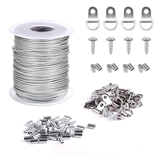 TUPARKA 1.5mmx30m Cable Acero Cable Acero Colgar Cuadros, 30 piezas de Aluminio Crimping Loop Sleeve y 15 juegos de Anillas en D (Sostiene hasta 25 KG)