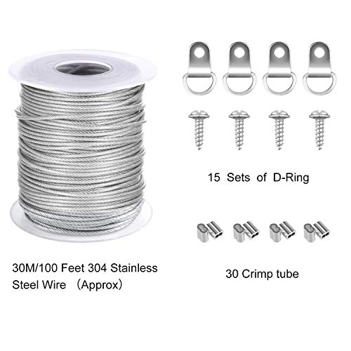 TUPARKA 1.5mmx30m Cable Acero Cable Acero Colgar Cuadros, 30 piezas de Aluminio Crimping Loop Sleeve y 15 juegos de Anillas en D (Sostiene hasta 25 KG)