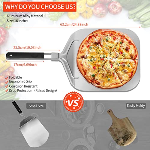 UIHOL Pala para Pizza Horno, Profesional Pala para Pizzas Aluminio 63,2 x 32 cm, Soporte de Superficie Grande, con asa Plegable para Barbacoa Cocinar Pizzas, Pan, Longitud Total 63,2 cm