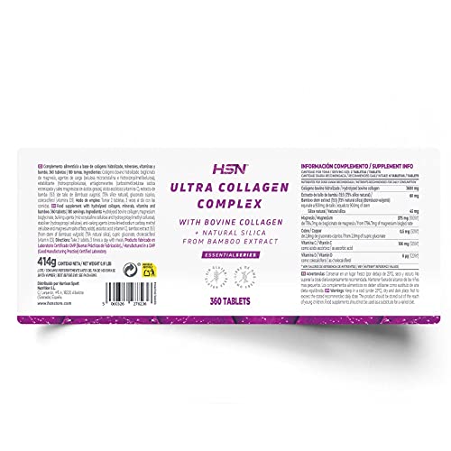 Ultra Colágeno Bovino Hidrolizado Complex de HSN | Con Sílice Natural | Con Vitaminas: C + D | Minerales: Cobre y Magnesio | Alta Concentración | No-GMO, Sin Gluten, Sin Lactosa | 360 Tabletas