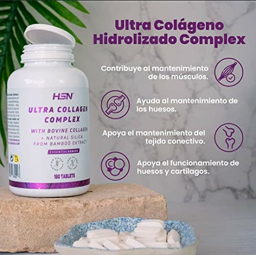 Ultra Colágeno Bovino Hidrolizado Complex de HSN | Con Sílice Natural | Con Vitaminas: C + D | Minerales: Cobre y Magnesio | Alta Concentración | No-GMO, Sin Gluten, Sin Lactosa | 360 Tabletas