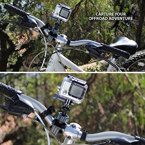 USA GEAR - Soporte Accesorio Moto Camara para bicicleta, adaptable a diferentes tamaños de manillar, rotación 360 grados – para GoPro o similares más adaptador tripode GoPro HERO4 Session 3+