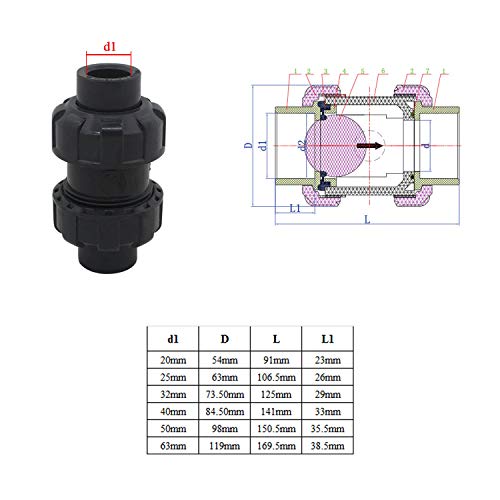 Valvula antirretorno bola 20 25 32 40 50 63mm valvula retencion con muelle pvc valvula no retorno agua valvula antiretorno piscina (Diámetro interno 25mm)