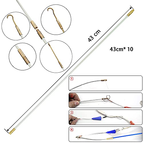 Varillas de fibra de vidrio para cables de pescado, kit de cinta de pescado conectable, extractor de cables eléctrico con ganchos y separadores de ojales, 43 cm x 10