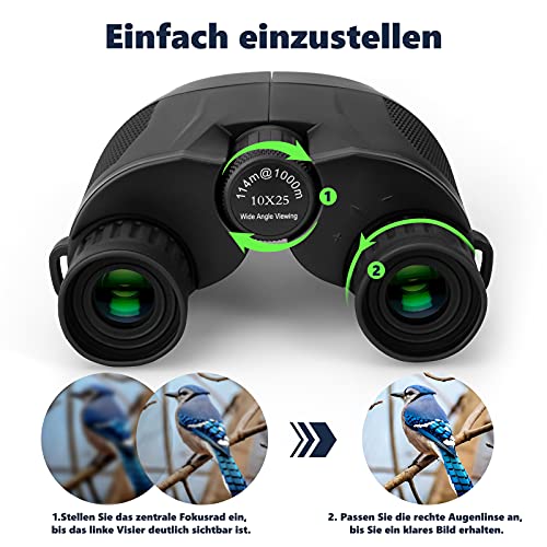 VDSTAR Prismaticos Profesionales, 10 x 25 Prismaticos Vision Nocturna para niños y Adultos, pequeños con prismas BAK4 y Lente Verde FMC para Viajes, observación de Aves, Senderismo, Caza, Turismo