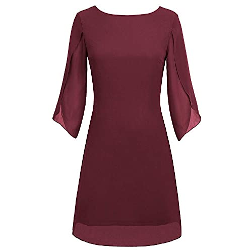 Vestido Ancho Gasa para Mujer Elegante Manga Corta Top Cuello Redondo Camiseta para Verano Primavera Vino Rojo XL Cl011125-1