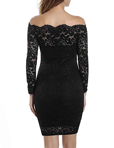 Vestido de Fiesta Encaje Manga Larga sin Hombros Lápiz Mujer Bodycon (Negro, XL)