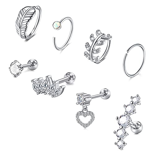 VFUN Piercing Oreja Helix Acero Inoxidable Hoja Piercing Conch Aros Corazón Diamante CZ Piercing Tragus para Mujeres Joyas para Las Orejas - Plata