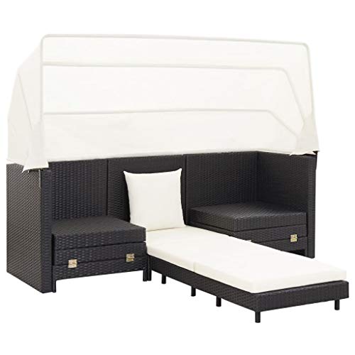 vidaXL Sofá Cama Extensible 3 Plazas con Plegable Capota Mueble Reclinable de Patio Terraza Tumbona Cerca de Piscina Ratán Sintético Gris