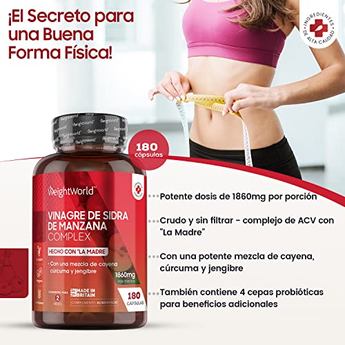 Vinagre de Sidra de Manzana con Madre Complex 1860mg 180 Cápsulas Vegano - Enriquecido Con Cúrcuma, Jengibre, Pimienta de Cayena y Probióticos, Suplemento Dietético para 2 Meses, Dieta Keto