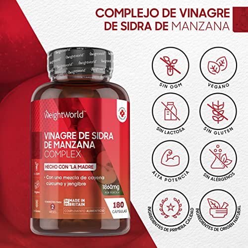 Vinagre de Sidra de Manzana con Madre Complex 1860mg 180 Cápsulas Vegano - Enriquecido Con Cúrcuma, Jengibre, Pimienta de Cayena y Probióticos, Suplemento Dietético para 2 Meses, Dieta Keto