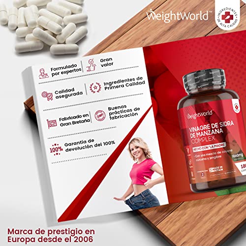 Vinagre de Sidra de Manzana con Madre Complex 1860mg 180 Cápsulas Vegano - Enriquecido Con Cúrcuma, Jengibre, Pimienta de Cayena y Probióticos, Suplemento Dietético para 2 Meses, Dieta Keto