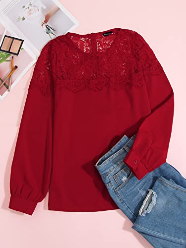 VONDA Camisa Mujer Manga Larga Sexy para con Blusa Encaje Tops Elegantes Bordados Túnica Cuello Redondo Shirt A-Vino Tinto L