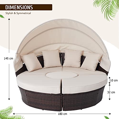 VONLUCE 5 Piezas Tumbona de Cama de Ratán para Jardín Sofá Cama con una Una Mesa Redonda, Cojínes y Almohadas Cama Modular Exterior con Toldo Ajustable