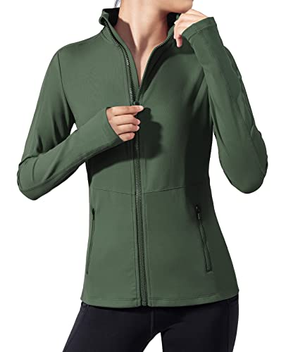 VUTRU Chaquetas Deportivos Mujer Chaquetas Corriendo Tops de Manga Larga para Correr Fitness Cremallera Completa con Agujeros para los Pulgares Verde Oscuro M