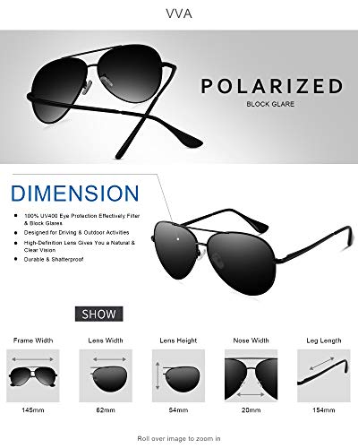 VVA Gafas de sol Hombre Polarizadas Piloto Hombres Piloto Gafas de sol Polarizadas Hombre Unisex Protección UV400 por V101(Negro/Negro)